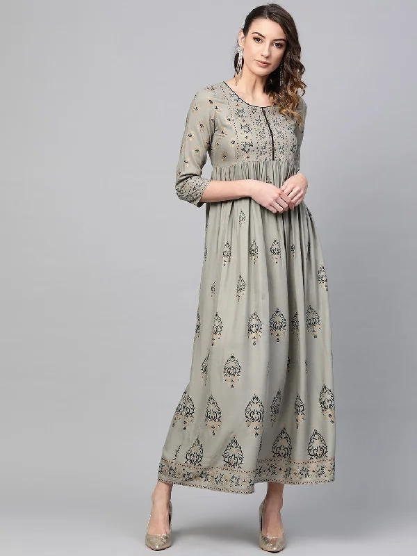 Women's  Grey & Black Block Printed Maxi Dress - AKS