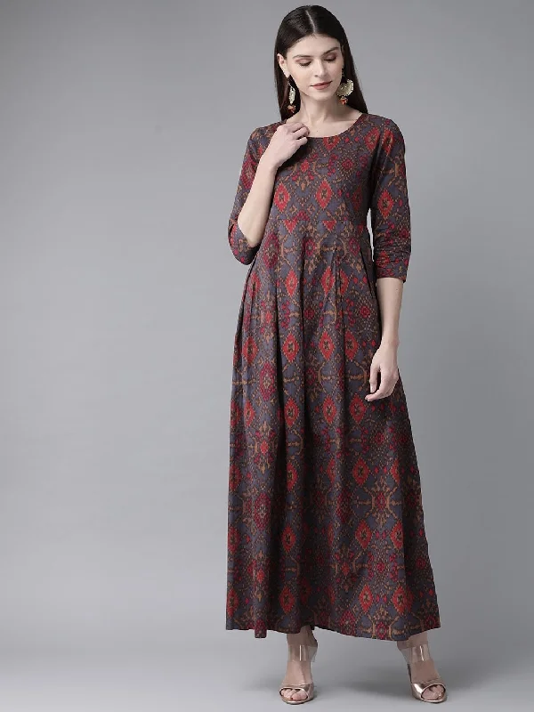 Women's  Grey & Red Printed Maxi Dress - AKS