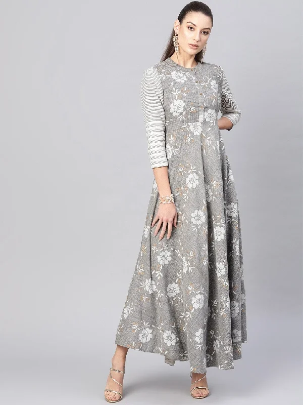 Women's  Grey & White Floral Print Maxi Dress - AKS