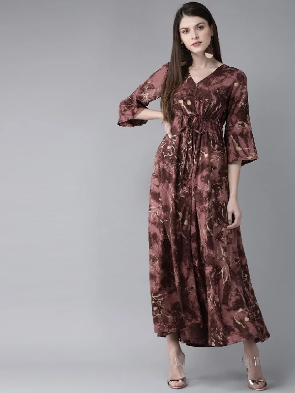 Women's  Mauve & Golden Printed Maxi Dress - AKS