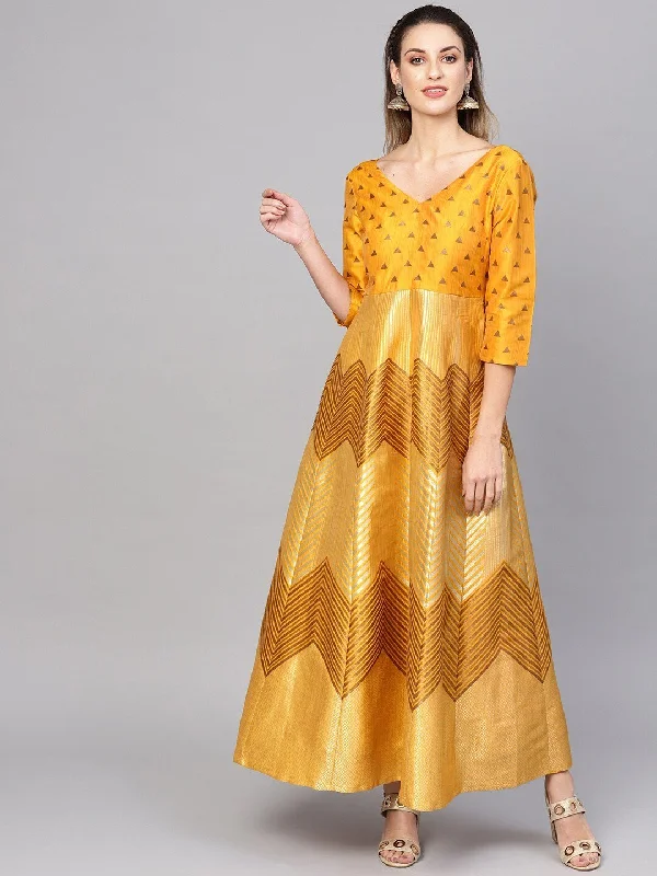 Women's  Mustard Yellow & Golden Jacquard Patterned Brocade Maxi Dress - AKS