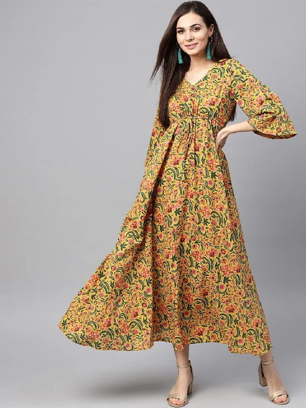 Women's  Mustard Yellow & Green Printed Maxi Dress - AKS