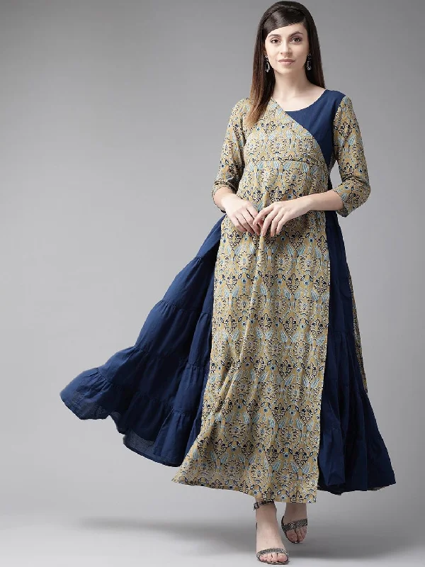 Women's  Navy Blue & Beige Printed Layered Maxi Dress - AKS