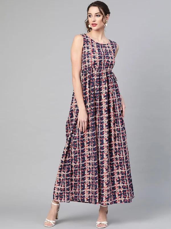 Women's  Navy Blue & Pink Printed Maxi Dress - AKS