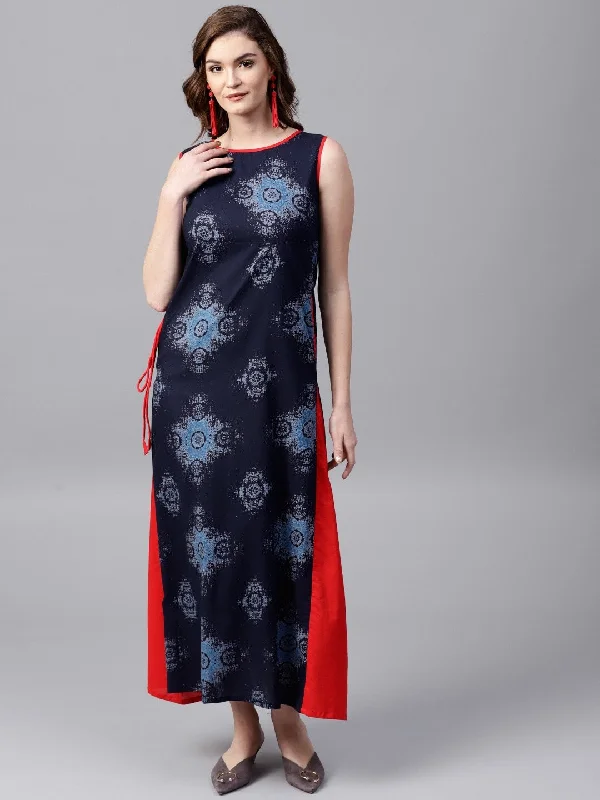 Women's  Navy Blue & Red Printed Maxi Dress - AKS