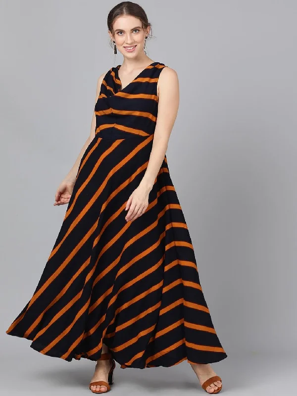 Women's  Navy Blue Striped Maxi Dress - AKS