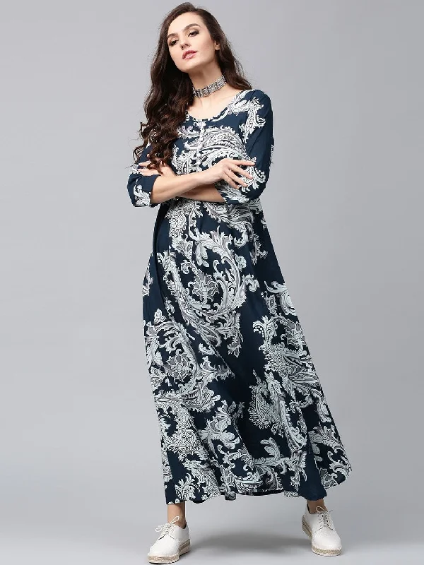 Women's  Navy & Off-White Lightweight Printed Maxi Dress - AKS