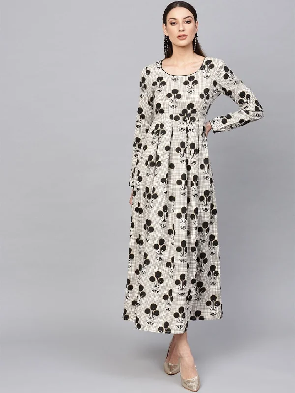 Women's  Off-White & Black Printed Maxi Dress - AKS