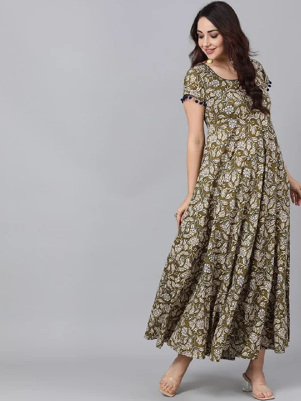 Women's  Olive Green & Beige Printed Maxi Dress - AKS