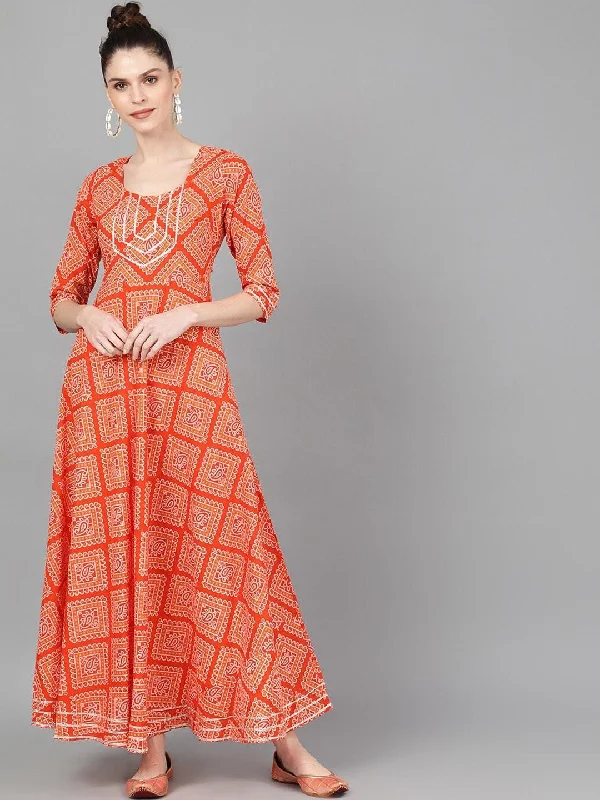 Women's  Orange  Bandhani Printed Maxi Dress - AKS