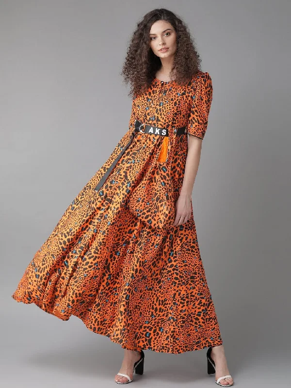 Women's  Orange & Black Animal Printed Maxi Dress - AKS