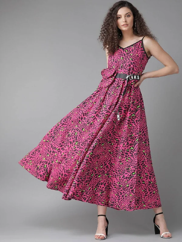 Women's  Pink & Black Animal Printed Maxi Dress - AKS