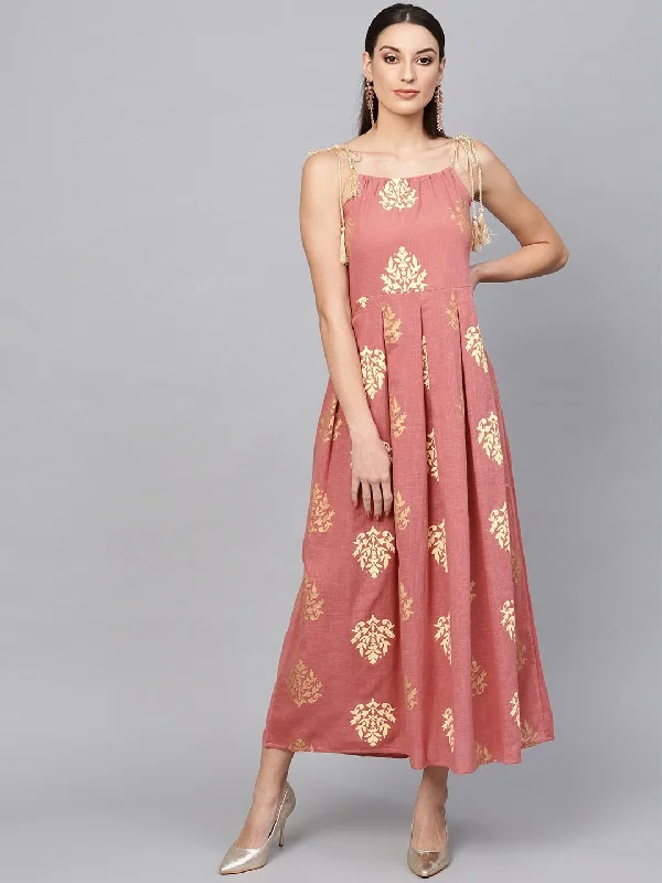 Women's  Pink & Golden Printed Maxi Dress - AKS