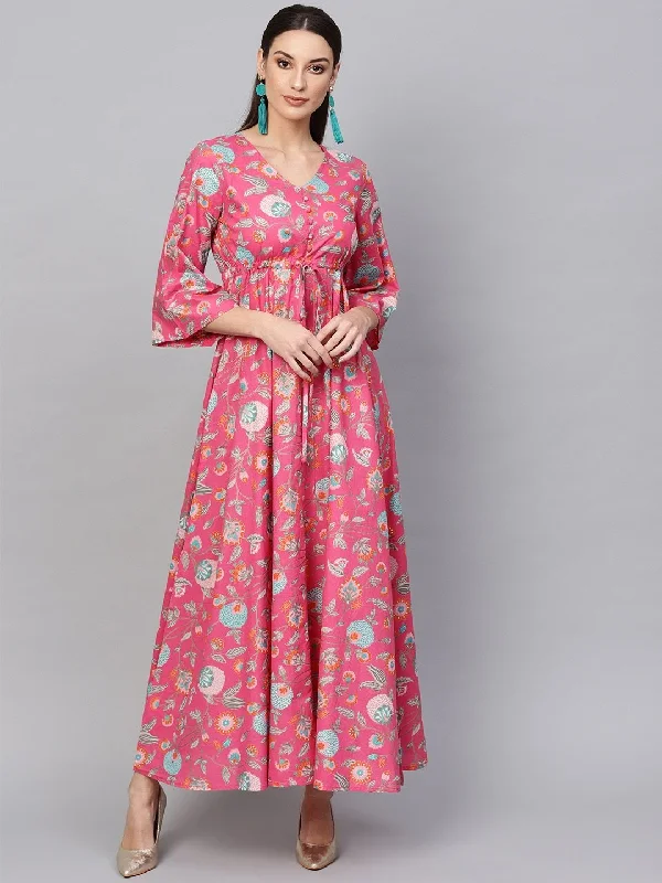 Women's  Printed Pink & Blue Floral Print Maxi Dress - AKS