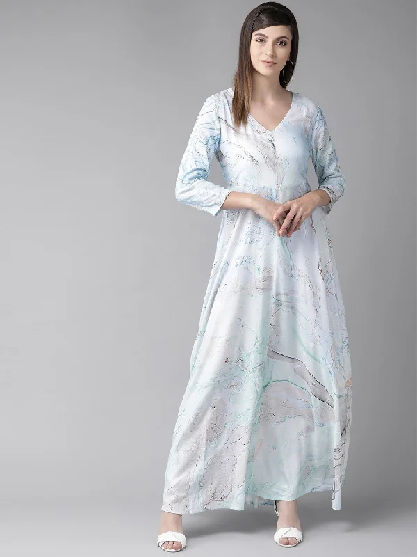 Women's  Sea Green & Blue Printed Maxi Dress - AKS