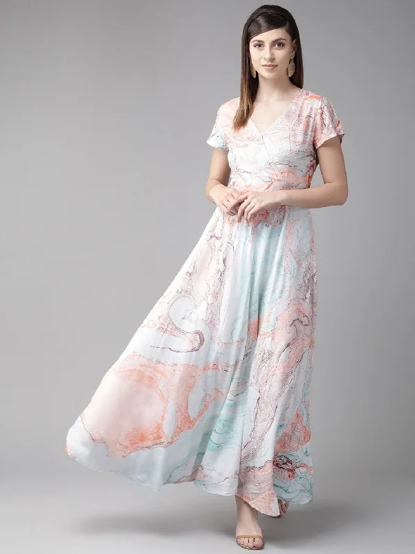 Women's  Sea Green & Coral Pink Printed Maxi Dress - AKS