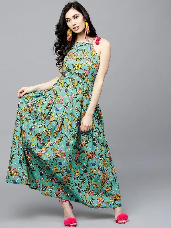 Women's  Sea Green & Yellow Printed Maxi Dress - AKS