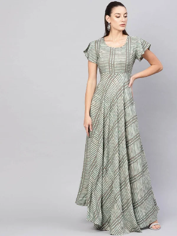 Women's  Taupe & Green Printed Maxi Dress - AKS