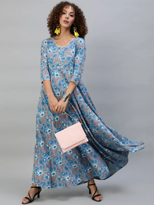 Women's Blue Floral Print Flared Maxi Dress - Aks