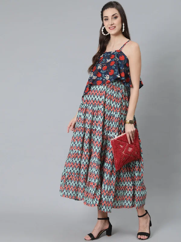 Women's Blue Printed Maxi Dress With Cape Top - Aks