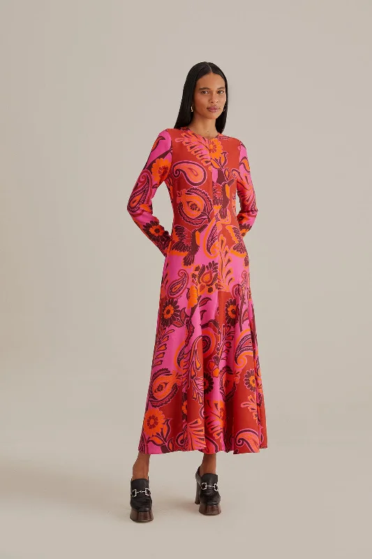 Pink Bold Floral Long Sleeve Maxi Dress Comfortable Long-Sleeve Maxi Dress