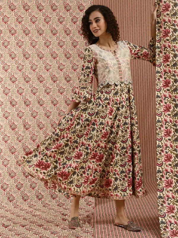 Women's Cream Floral Print Maxi Dress - Aks Comfortable T-Shirt Maxi Dress