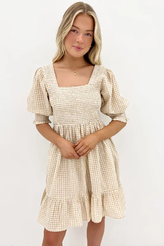 Florence Mini Dress Latte Gingham