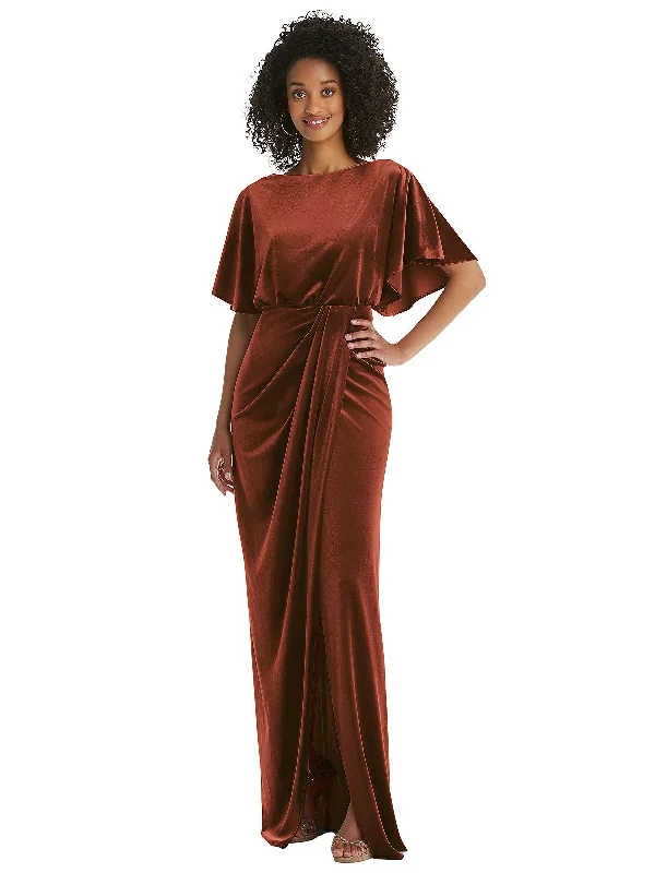 Flutter Sleeve Open-Back Velvet Maxi Dress with Draped Wrap Skirt