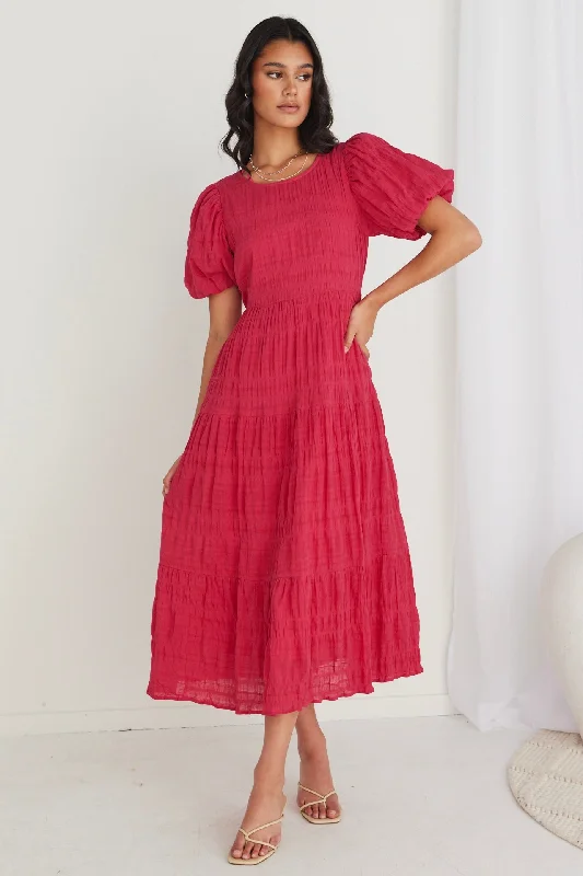 Graceful Raspberry Shirred Cotton Bubble Sleeve Tiered Maxi Dress Elegant Maxi Dress with Lace Graceful Raspberry Shirred Cotton Bubble Sleeve Tiered Maxi Dress Elegant Maxi Dress with Lace
