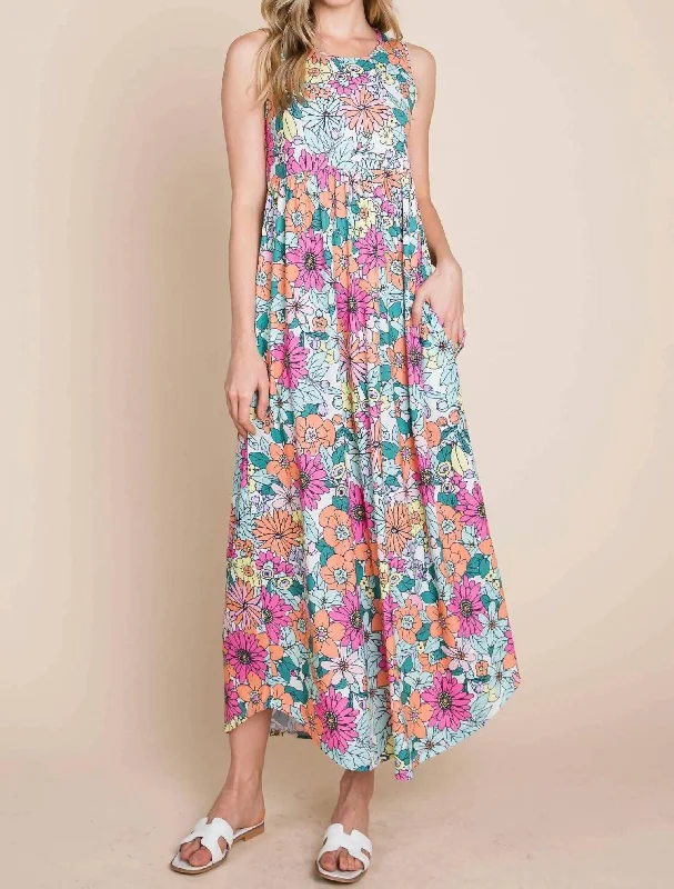 Groovy Floral Maxi Dress In Multi Floral Fashionable Button-Down Maxi Dress