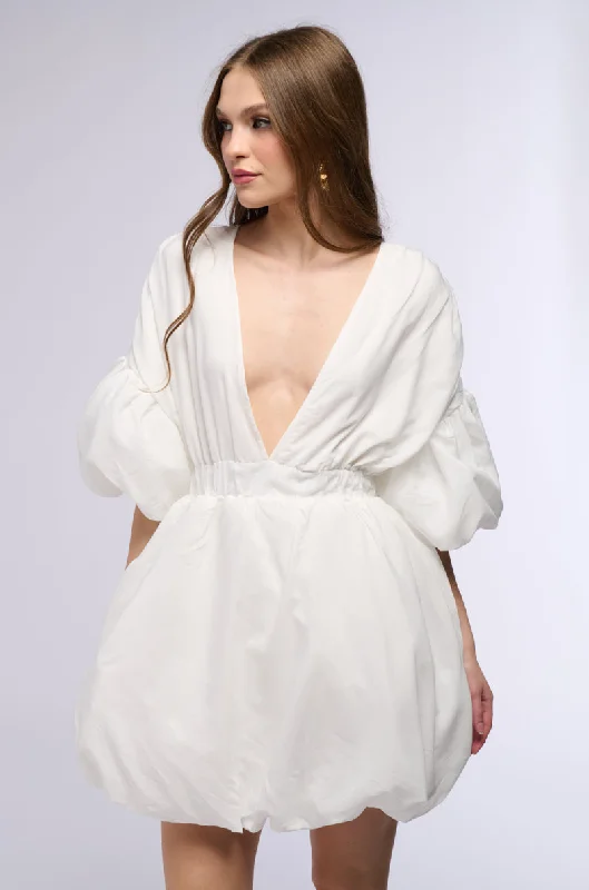 JUNE PILLOW MINI DRESS IN WHITE Chic Puff Sleeve Mini Dress