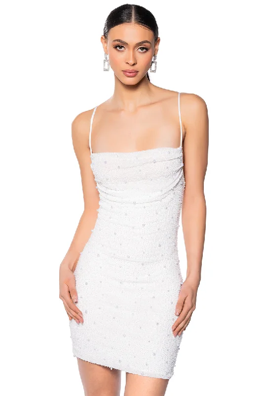 LOOK EXPENSIVE COWL NECK EMBELLISHED MINI DRESS Fashionable Boho-Chic Mini Dress