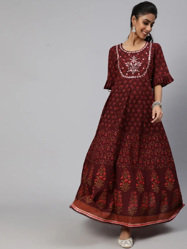 Women's Maroon Floral Print Flared Maxi Dress - Aks