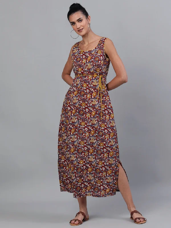 Women's Maroon Floral Print High Slit Maxi Dress - Aks