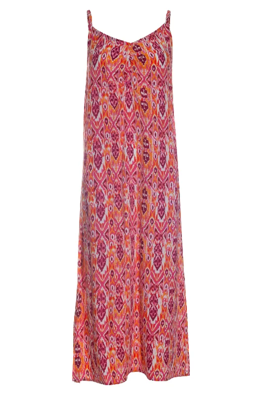 Maxi Dress with spaghetti straps | Pink Orange Aztec | 3357AR Stylish Maxi Dress with Pleats Maxi Dress with spaghetti straps | Pink Orange Aztec | 3357AR Stylish Maxi Dress with Pleats