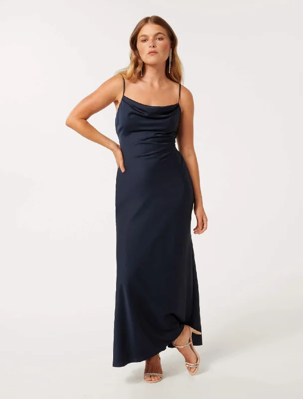 Mia Petite Boat Neck Satin Maxi Dress Fashionable Button-Down Maxi Dress