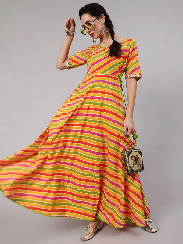 Women's Multicolor Leheriya Print Maxi Dress - Aks