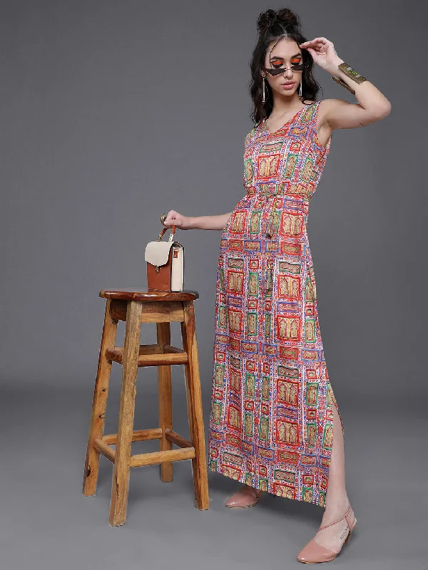 Women's Multicolor Printed Slit Maxi Dress - Aks