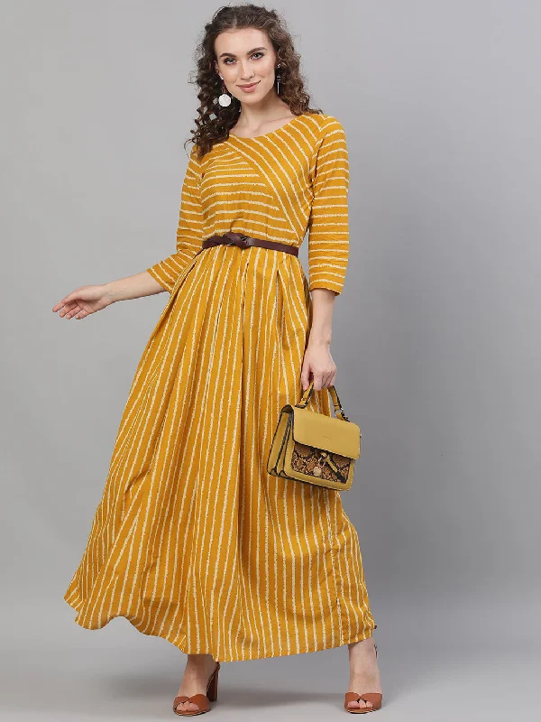 Women's Mustard Striped Box Pleated Maxi Dress - Aks