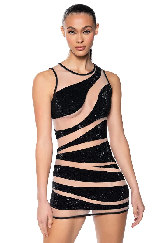NADINE ILLUSION RHINESTONE MESH MINI DRESS Trendy Mesh Mini Dress