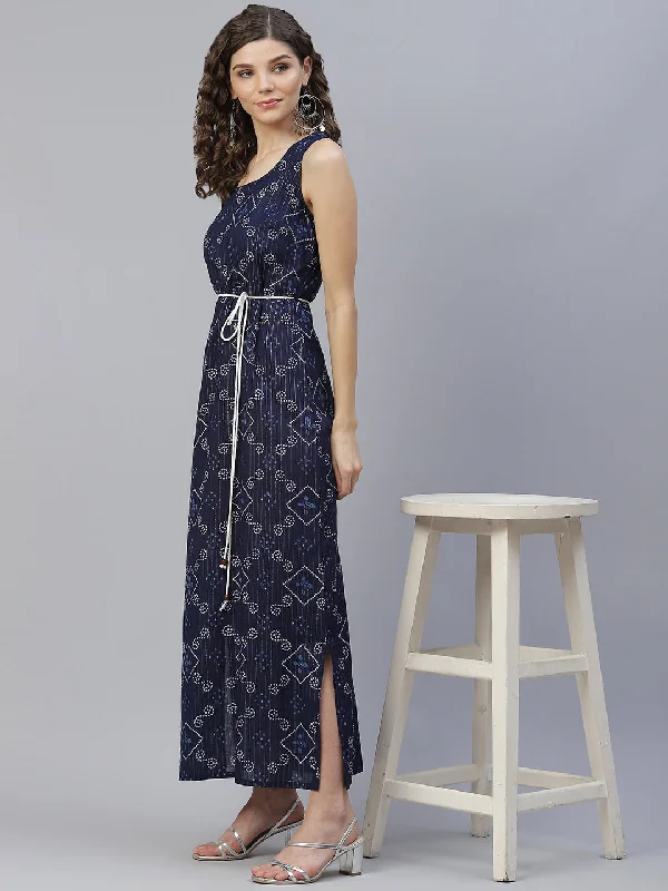 Women's Navy Blue Bandhani Print Maxi Dress - Aks