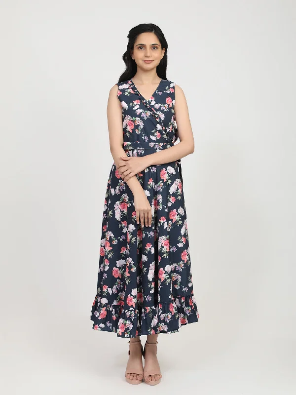 Women's Navy Blue Floral Crepe Maxi Dress - Bhama Couture