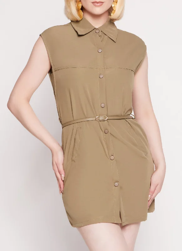 Belted Sleeveless Snap Button Front Mini Dress