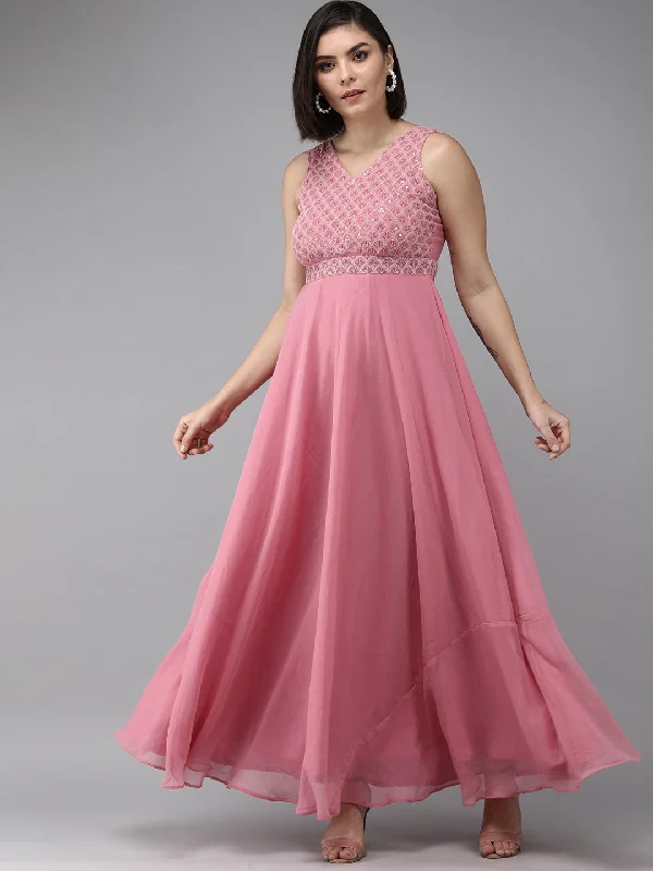 Women's Onion Pink Geogette Sequence Embellished Maxi Dress - Bhama Couture