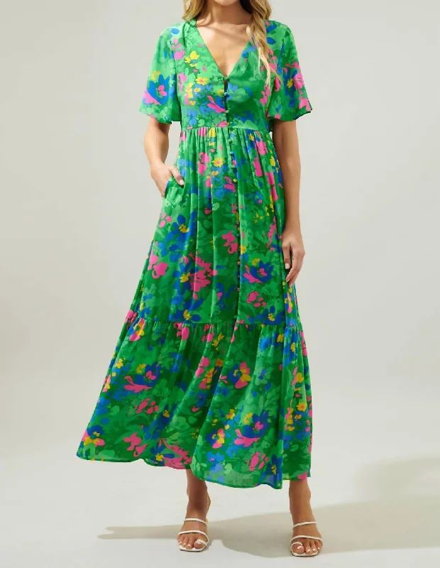 Paradise Falls Short Sleeve Maxi Dress In Multi Comfortable Maxi Dress with Sleeves