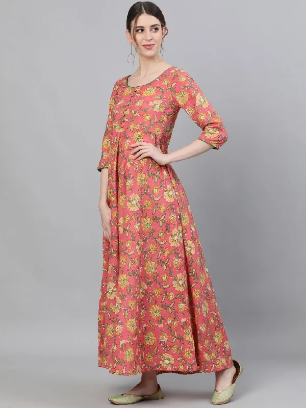 Women's Pink Floral Printed Flared Maxi Dress - AKS