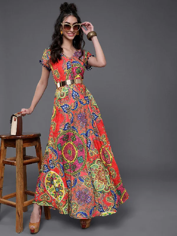 Women's Red & Blue Printed Flared Maxi Dress - Aks