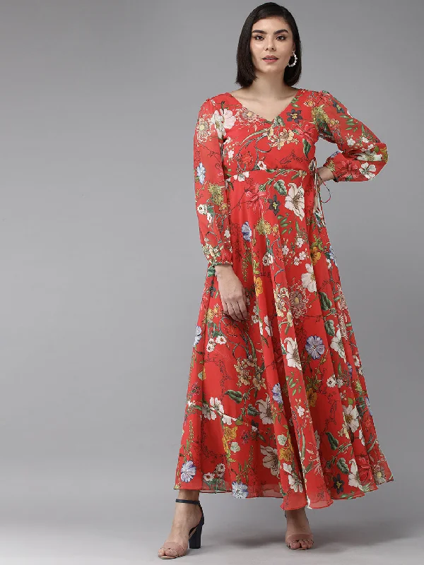 Women's Red Floral Geogette Maxi Dress - Bhama Couture