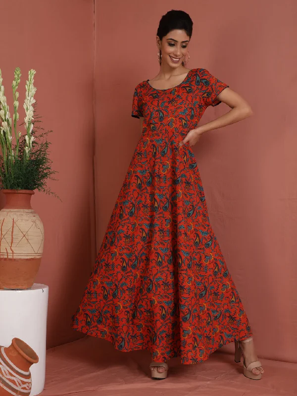 Women's Red Printed Flared Maxi Dress - Aks