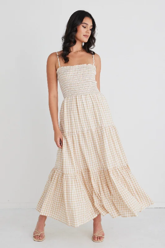 Serenity Sand Gingham Strappy Shirred Bodice Tiered Maxi Dress Comfortable Satin Maxi Dress Serenity Sand Gingham Strappy Shirred Bodice Tiered Maxi Dress Comfortable Satin Maxi Dress